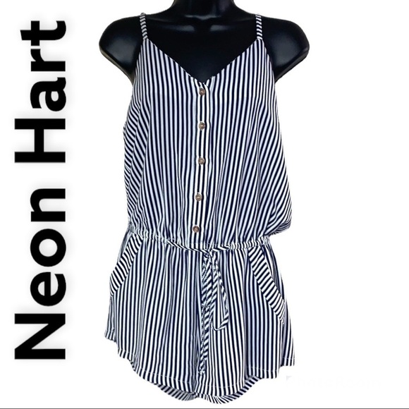 NEON Hart Striped Printed Drawstring Waist Front Button Rompers Size S - Picture 2 of 16